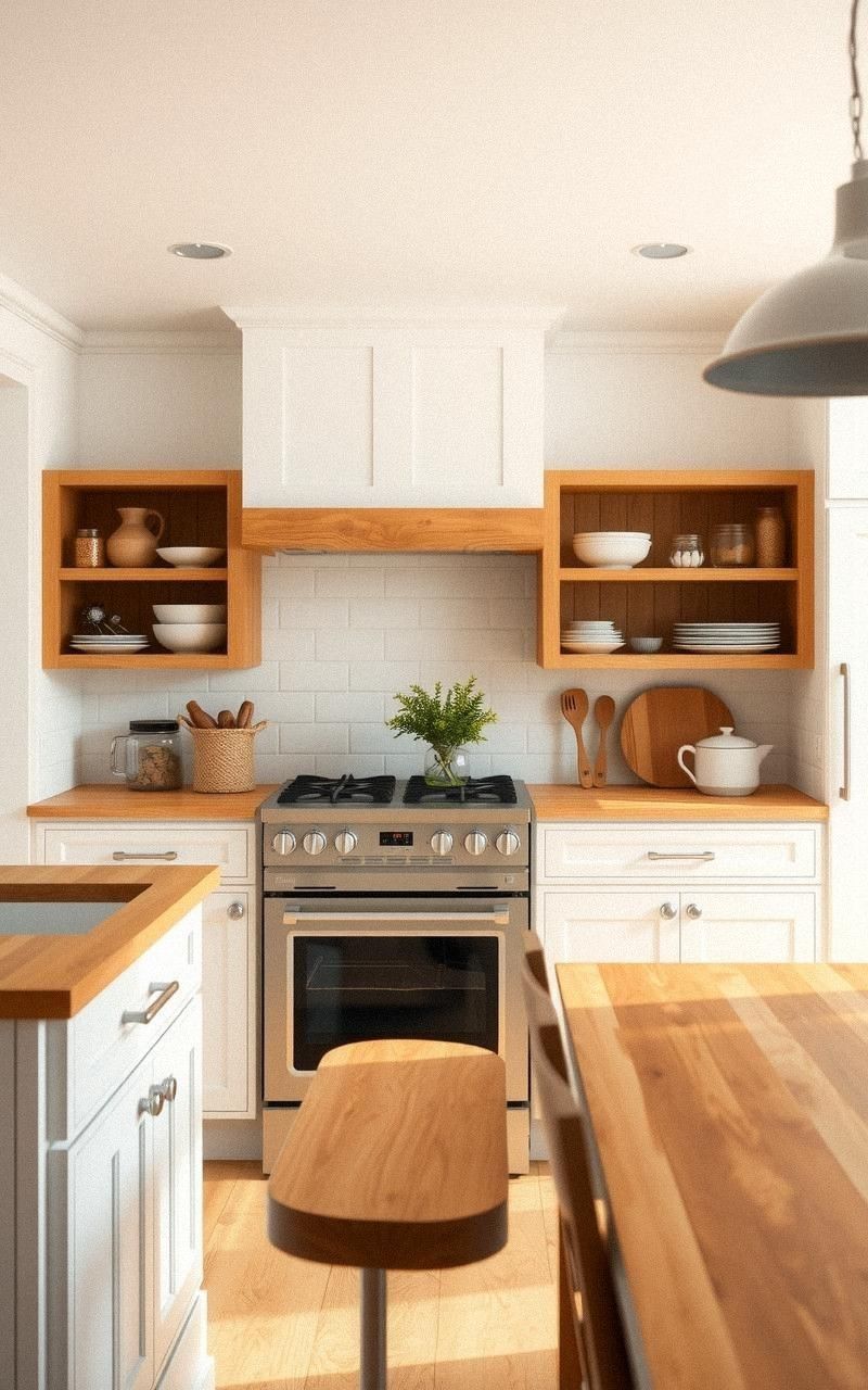 Classic White Cabinets With Natural Wood Accents