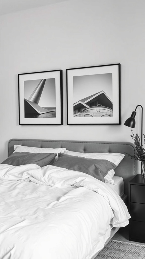 Minimalist black and white photographs framed on a bedroom wall
