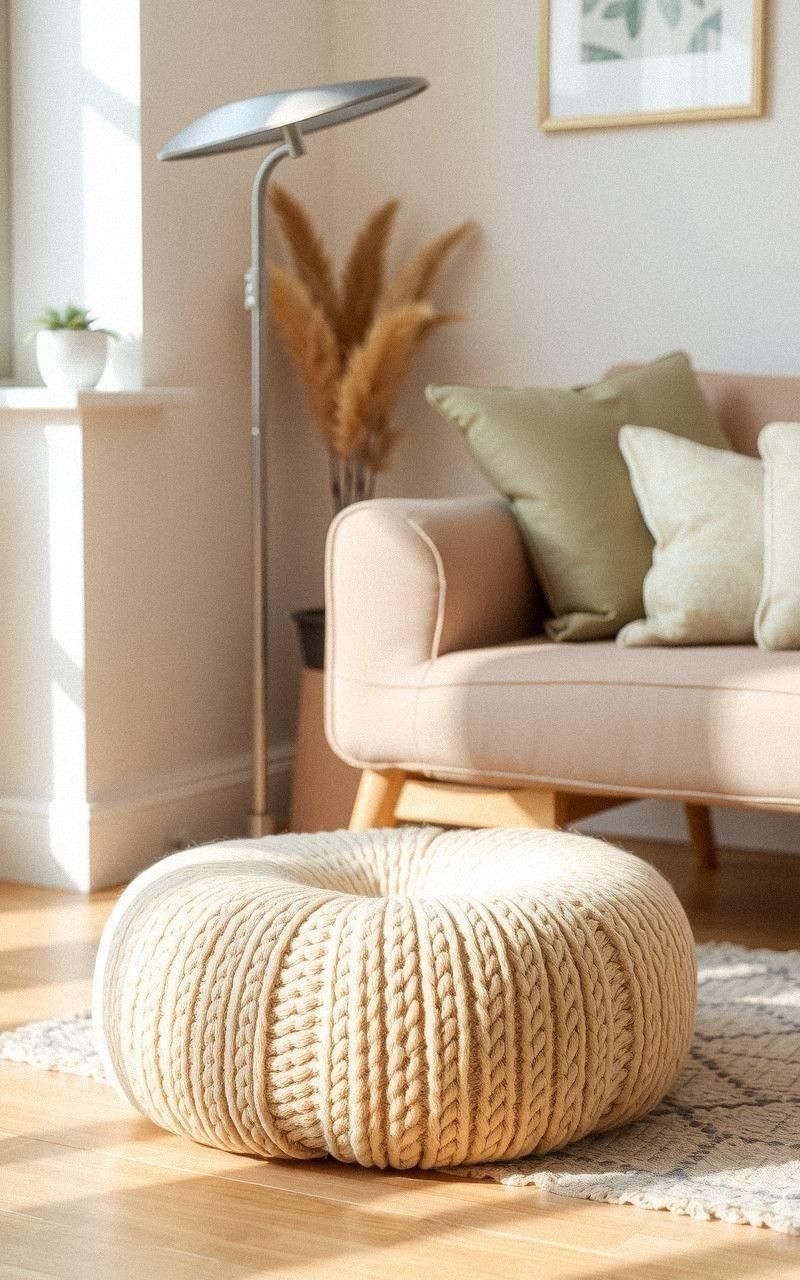 Incorporate Chunky Knit Poufs for Tactile Seating