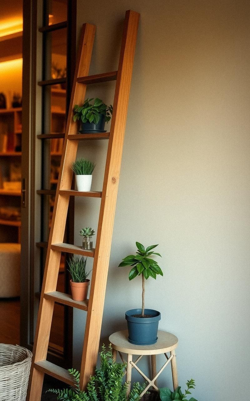 Repurposed Ladder Shelves For Rustic Plant Display