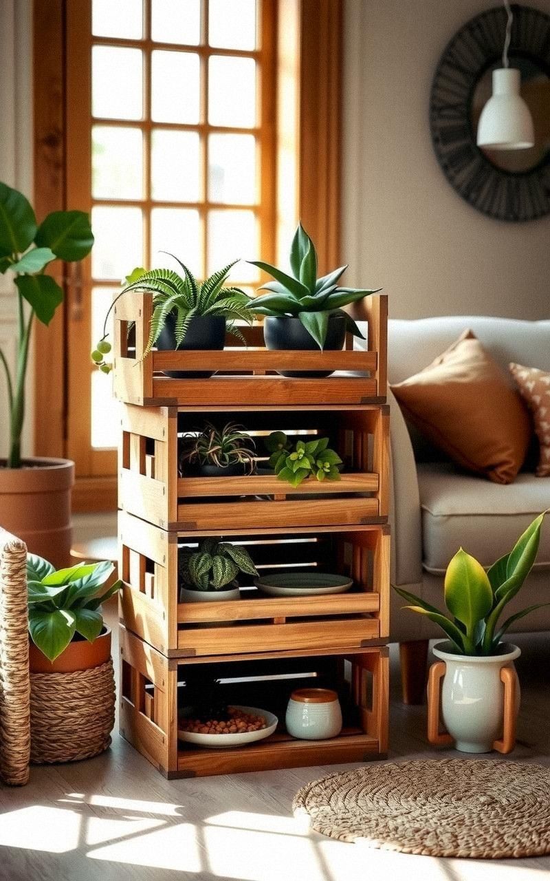 Stacked Wooden Crates For Versatile Plant Displays