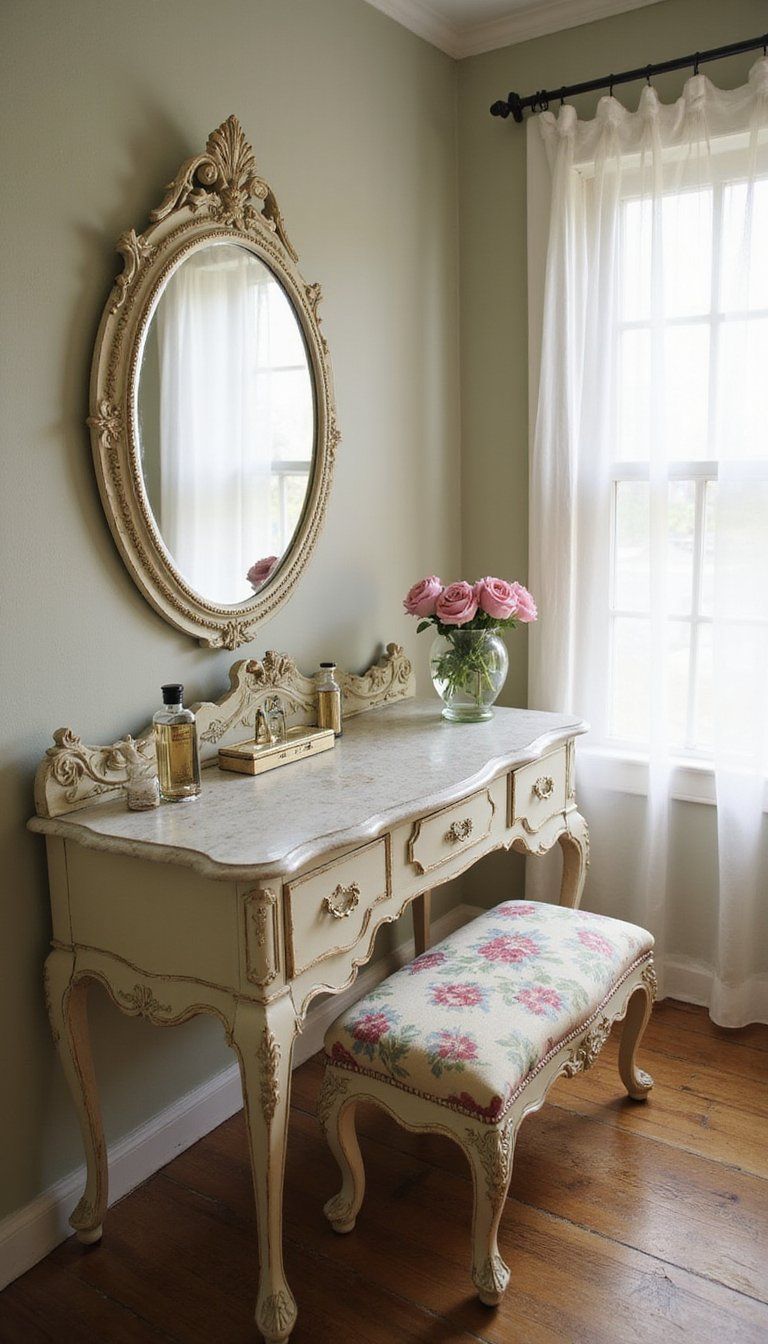 Antique Vanity With Oval Mirror And Floral Accents