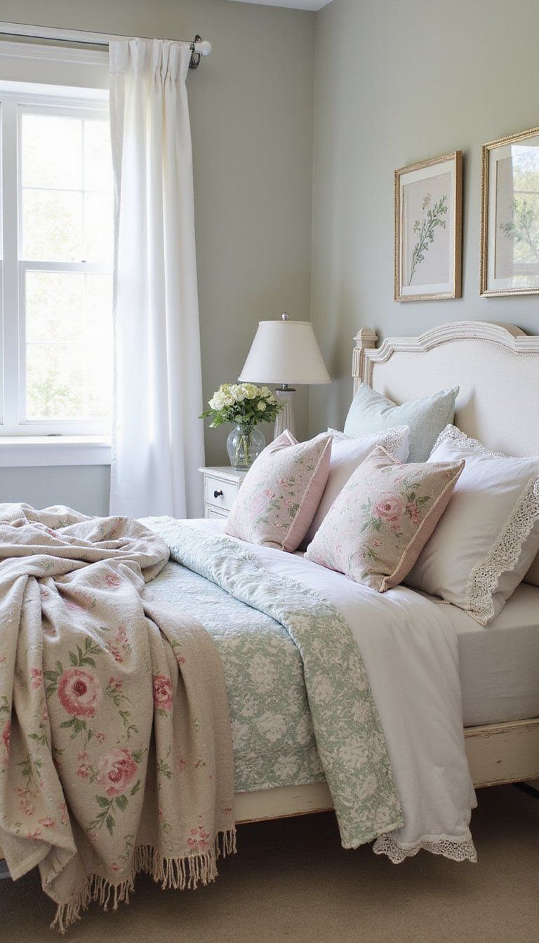 Distressed White Bedframe With Floral Accents
