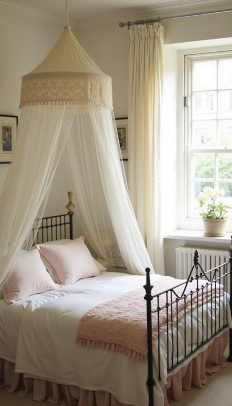 Lace Canopy And Sheer Drapes Over Bed
