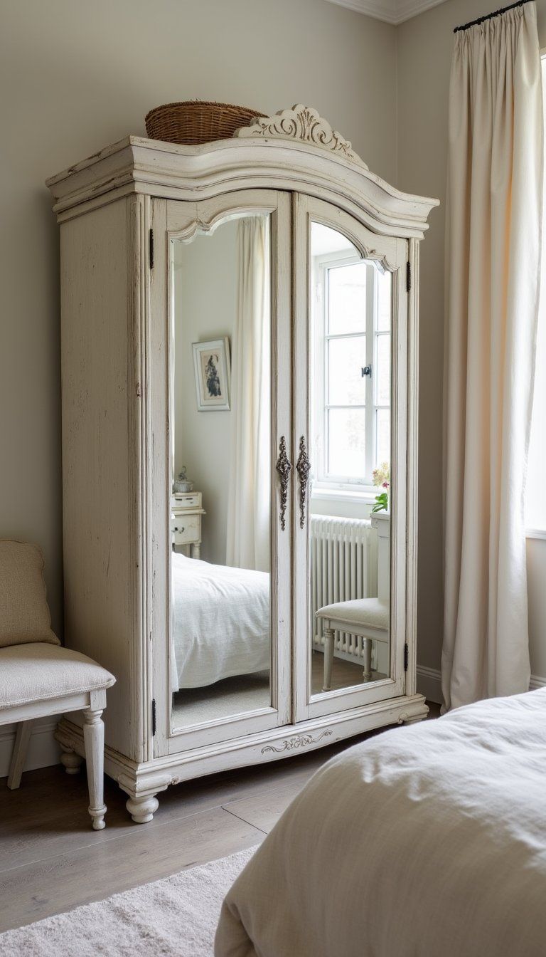 Mirrored Wardrobe With Crackled Finish For Light