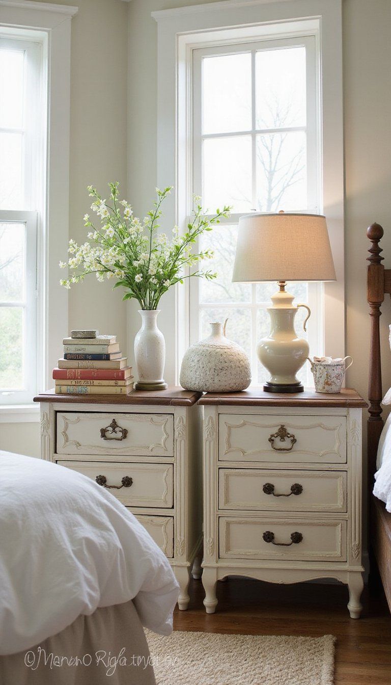 Mix-Matched Antique Nightstands For Eclectic Charm