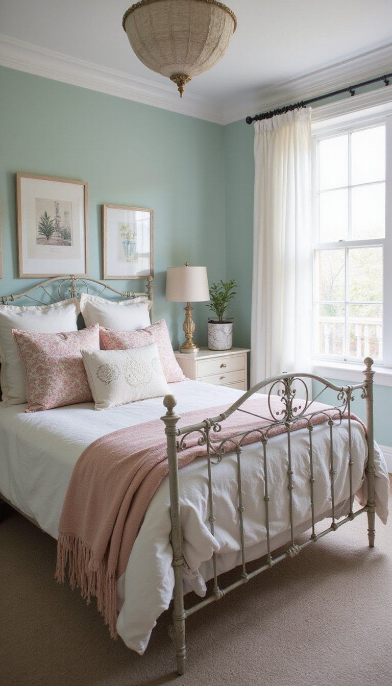 Wrought Iron Bed With Curled Details And Linens