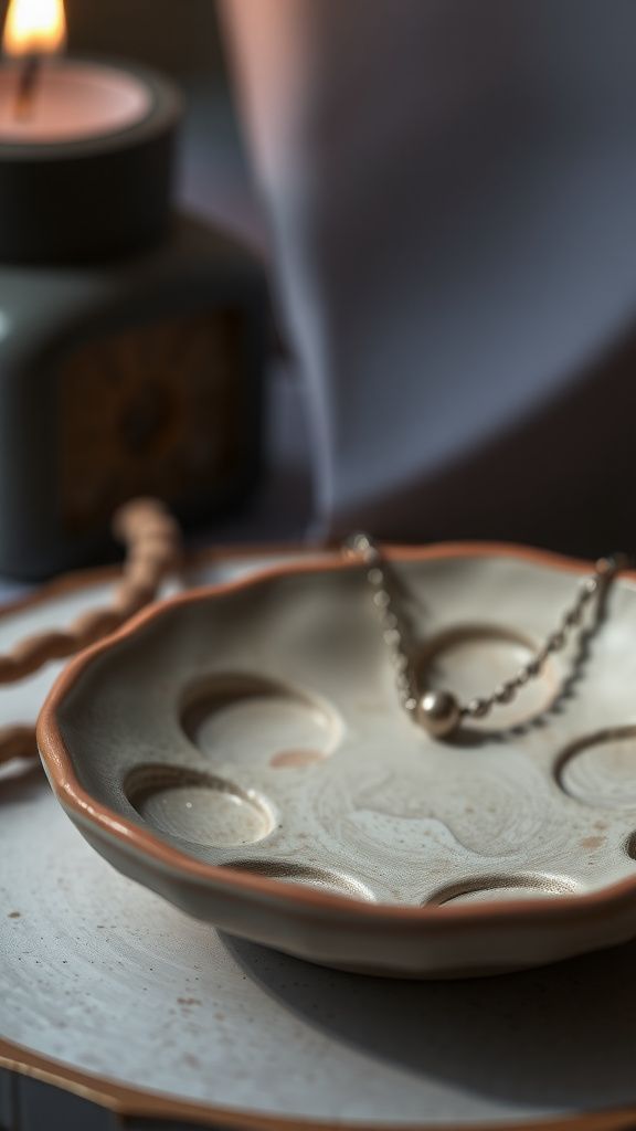 Pearlescent moon phase dish reflecting dim lamplight