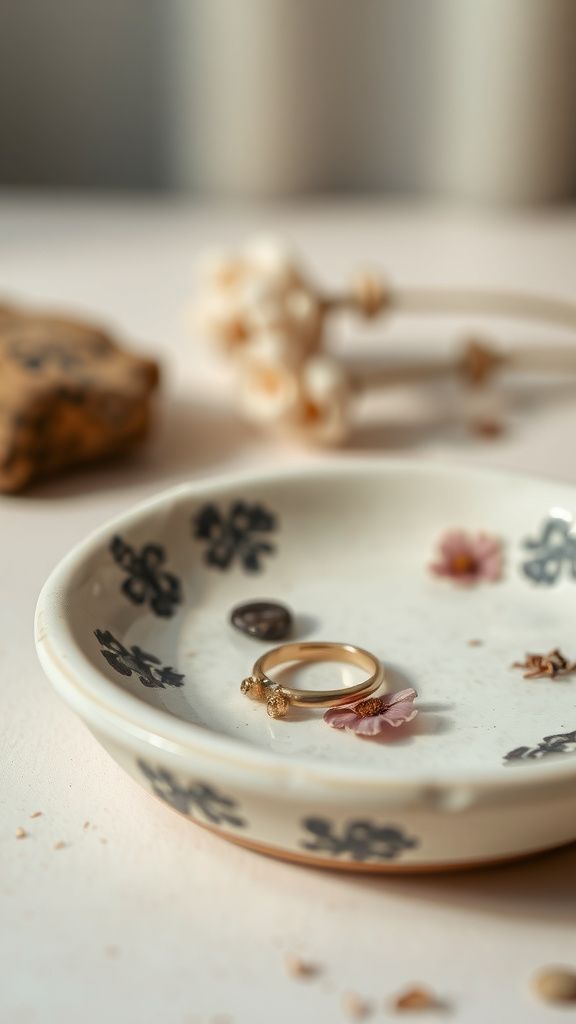 Pressed wildflower ring dish with soft pastel glaze