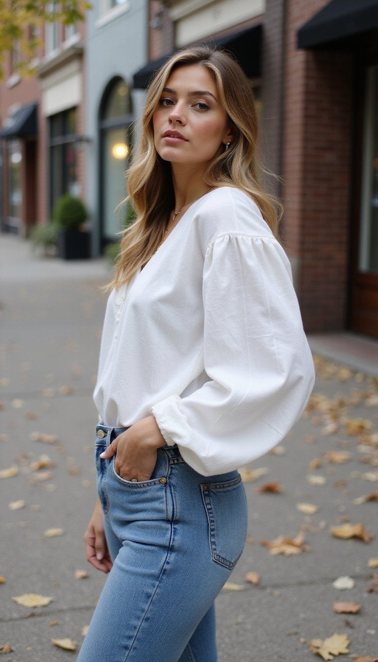 Balloon-Sleeve Blouse and Mom Jeans