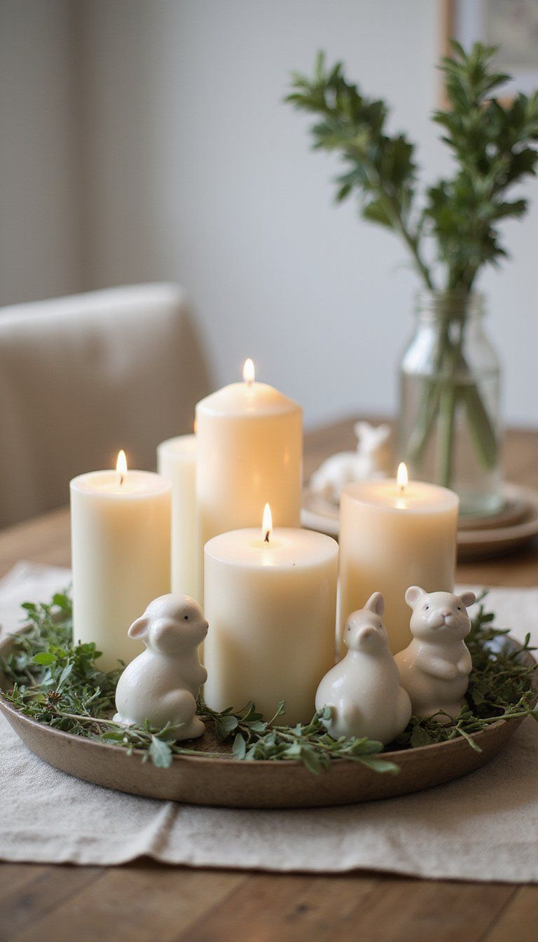 Candle cluster with ceramic bunnies nearby
