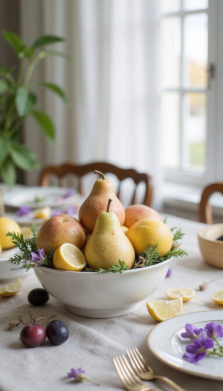 Edible centerpiece: pastel fruit and floral bowl
