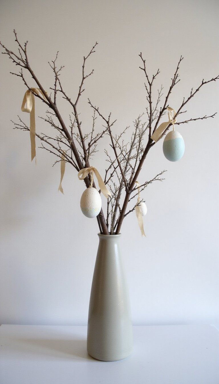 Foraged branches with hanging egg ornaments
