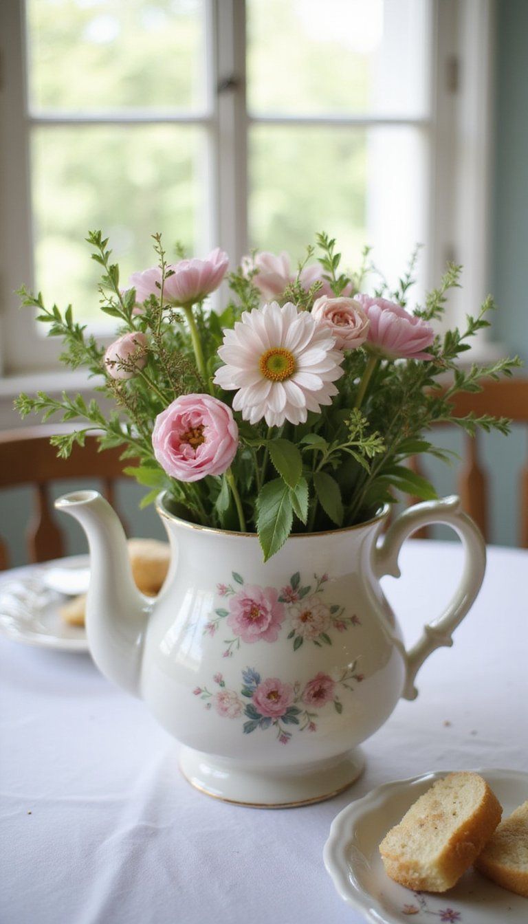 Vintage teapot floral arrangement for Easter brunch