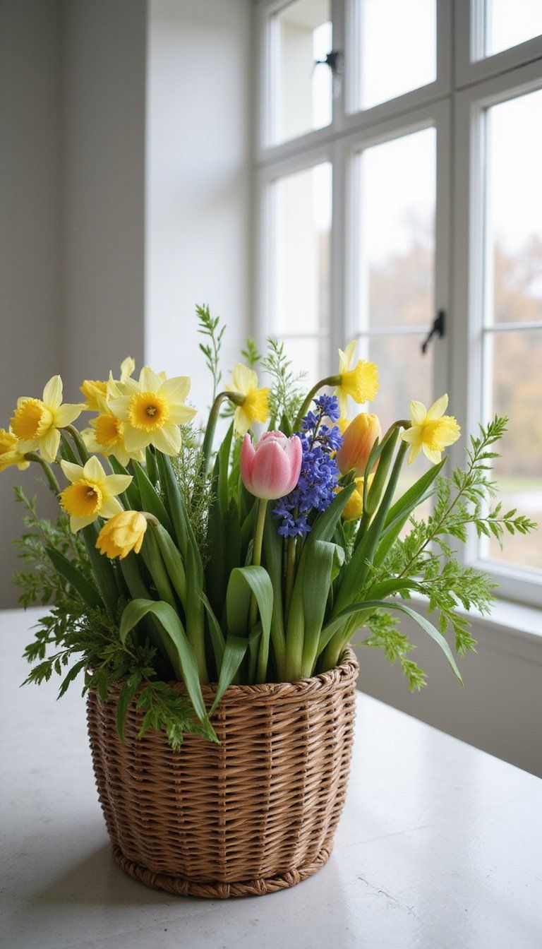 Woven basket centerpiece with fresh-cut stems