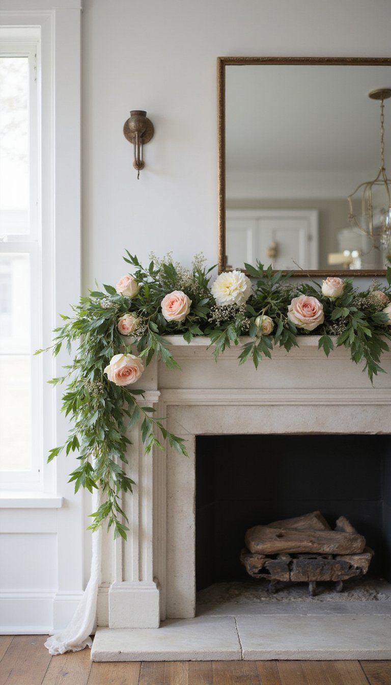 Draped Garland Over Mantel with Fresh Blooms