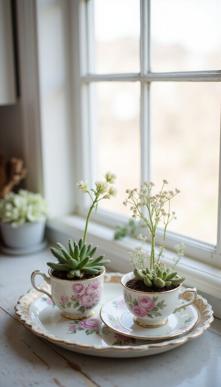 Floral Tea Cup Succulent Planters on Tray