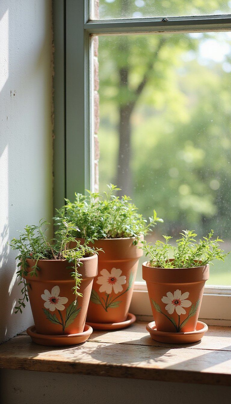Hand-Painted Terracotta Pots with Floral Motifs