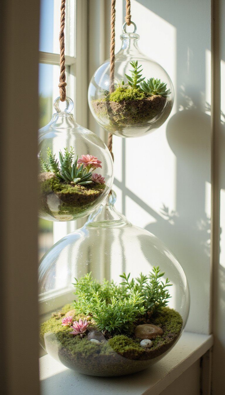 Hanging Glass Orb Terrariums with Mini Blooms