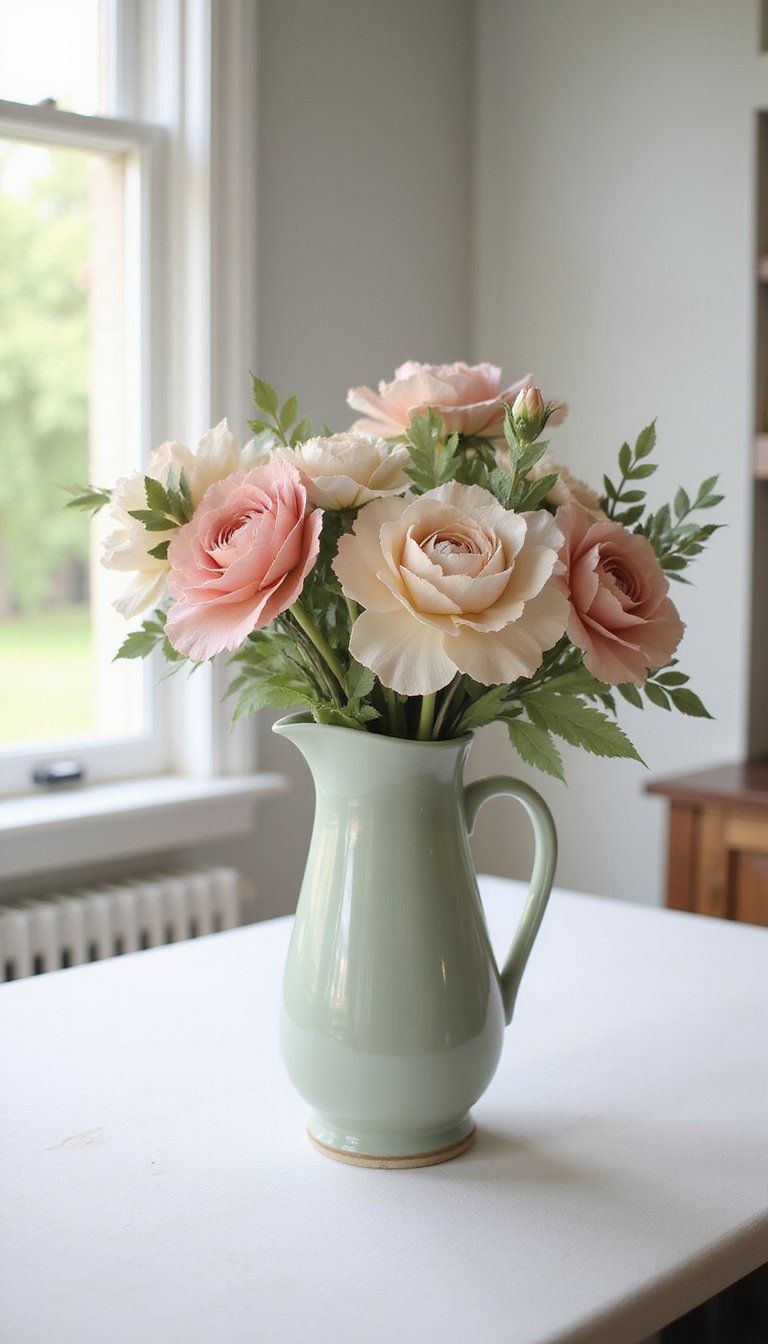 Paper Flower Bouquet in Ceramic Pitcher Display