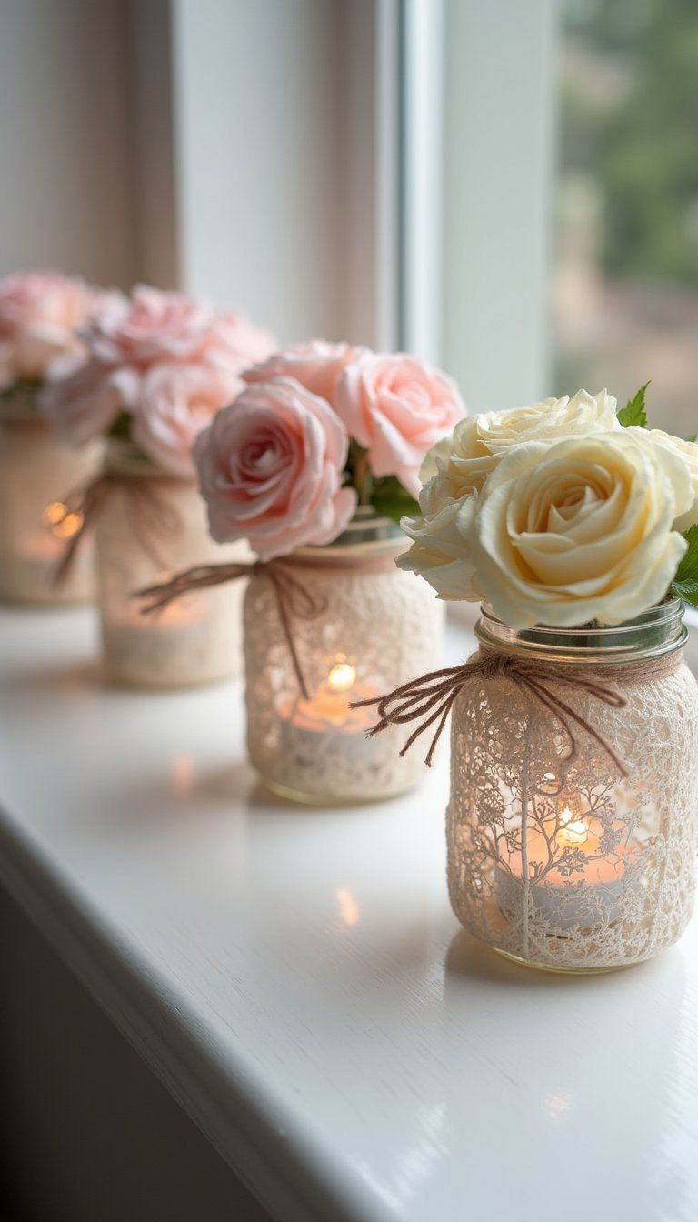 Tea-Light Mason Jars Wrapped in Lace and Florals