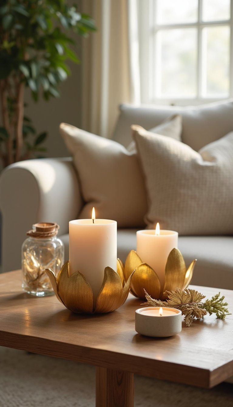 Gold-dipped leaf candle holders — cozy glow