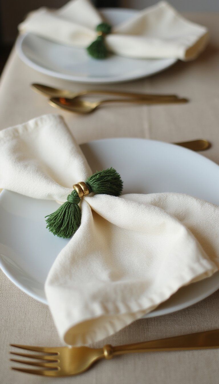 Green tassel napkin rings for festive place settings