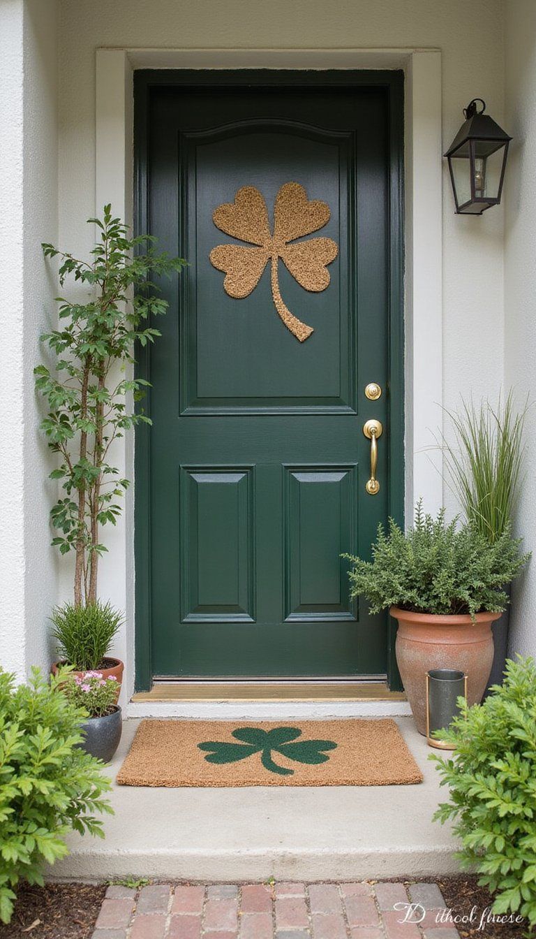 Painted doormat with cheerful clover motif