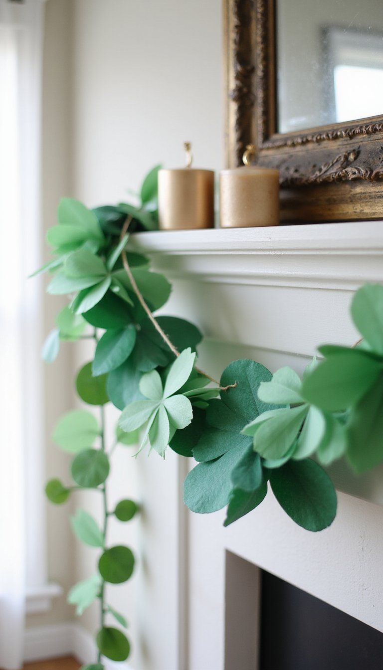 Paper shamrock garland across the mantel