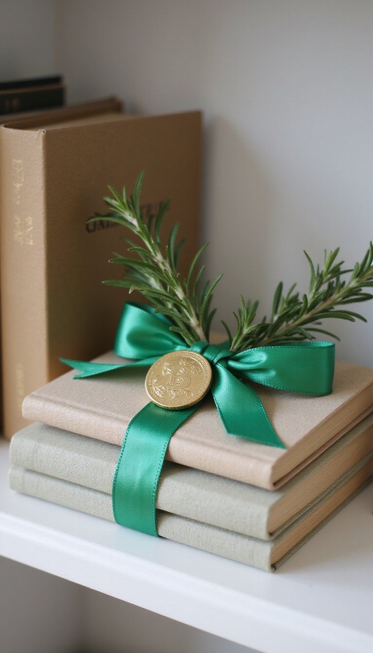 Stacked book vignette with green ribbon