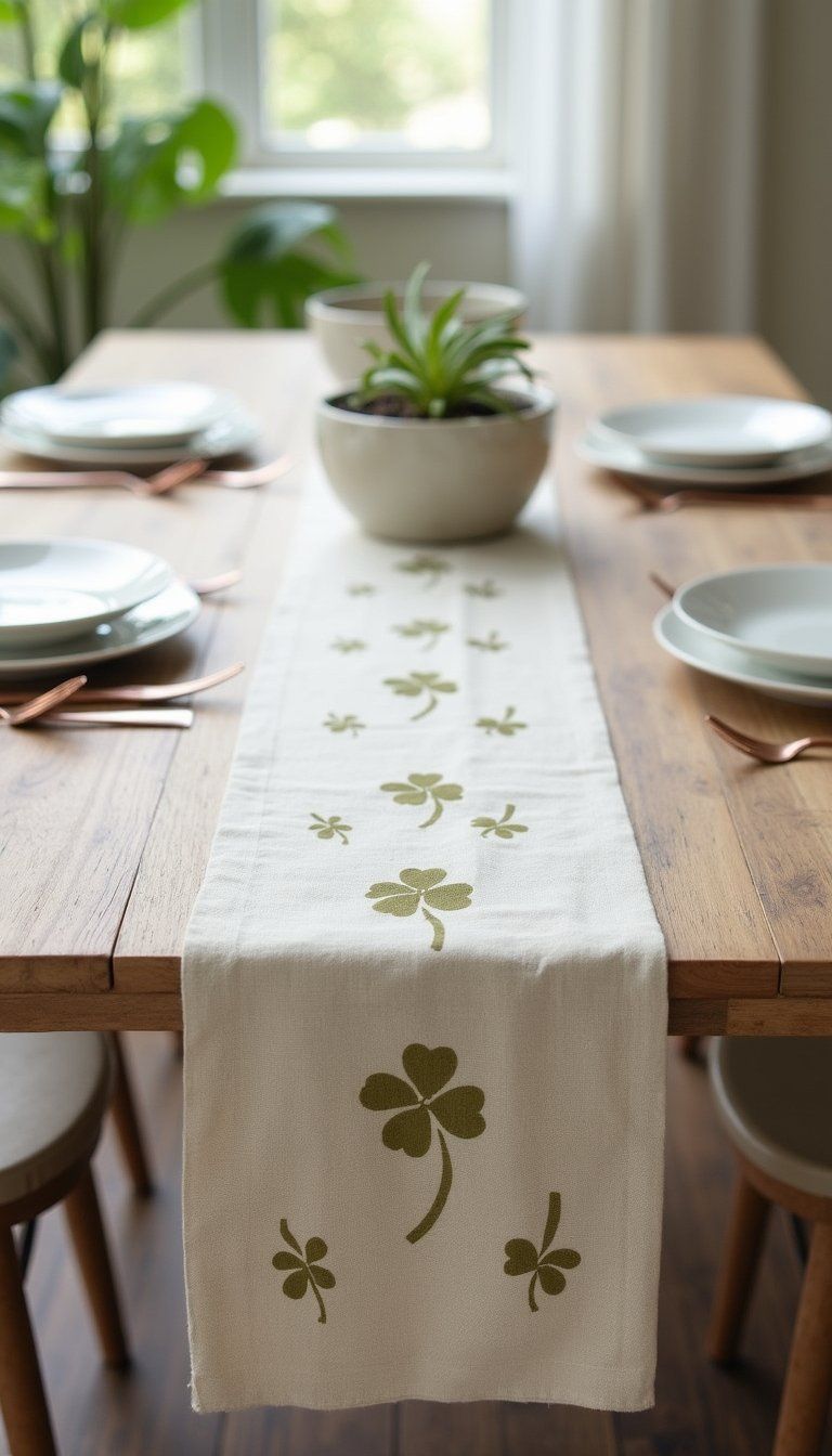 Stamped linen runner with clover motifs
