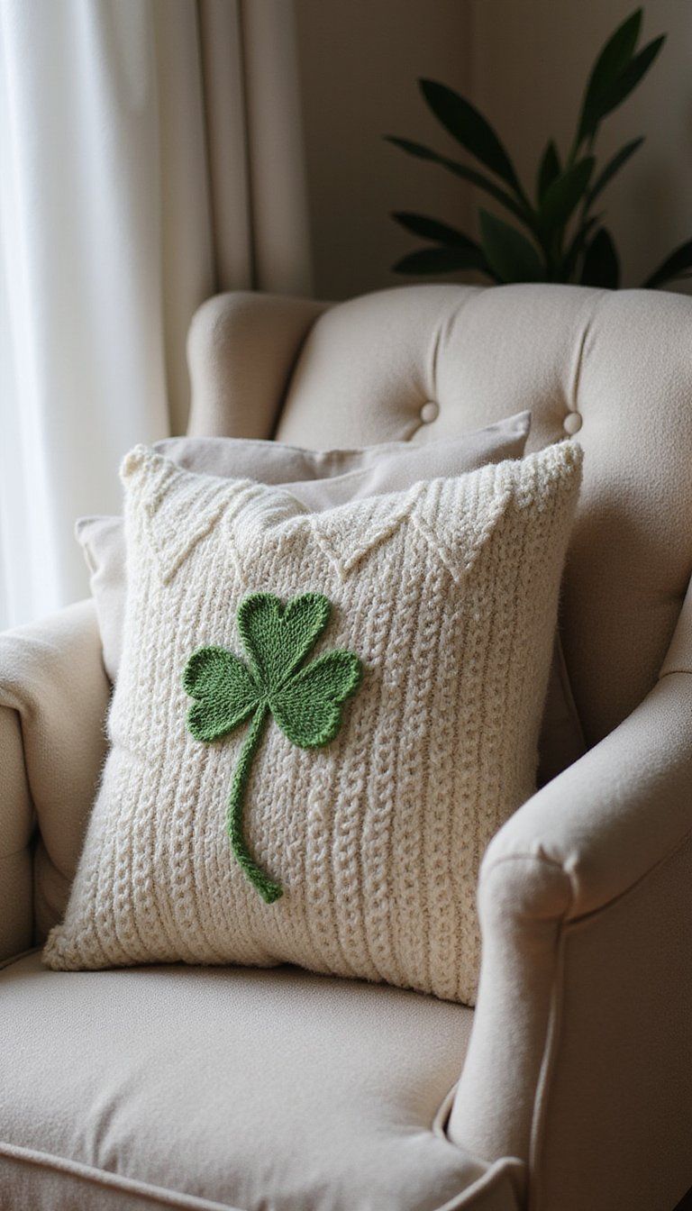 Upcycled sweater pillow with stitched clover