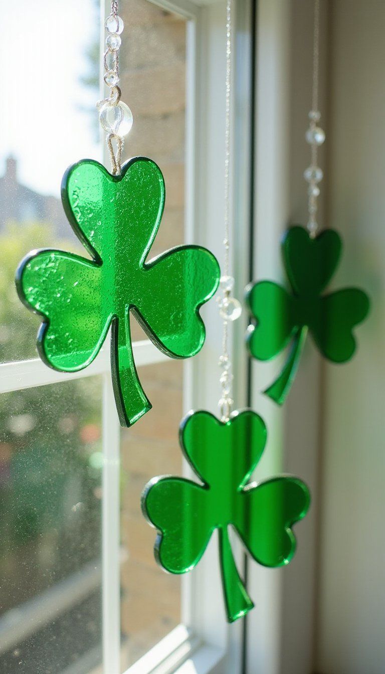 Window-hung glass shamrocks as sun catchers