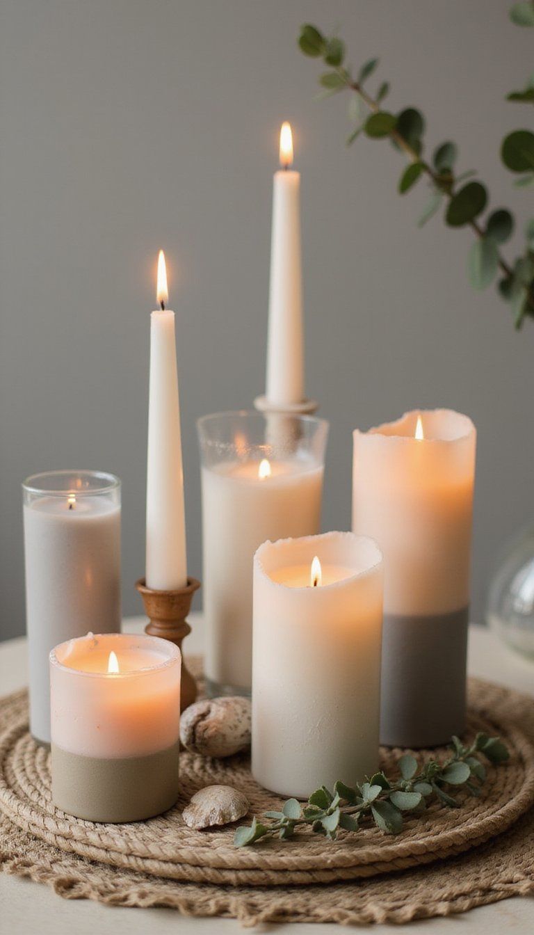 Bohemian candle cluster on a woven tray