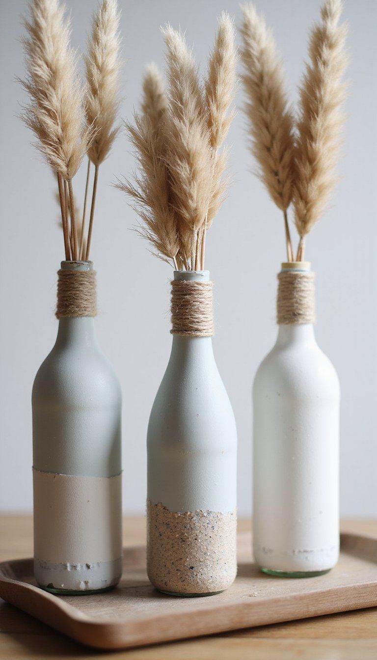 Painted glass bottle vases with twine wrap