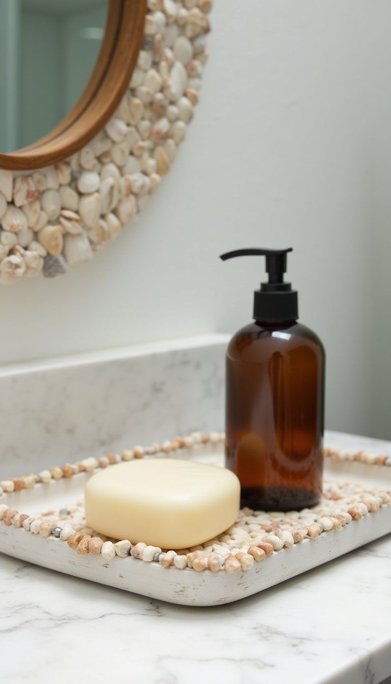 Shell-adorned mirror tray for bathroom counters