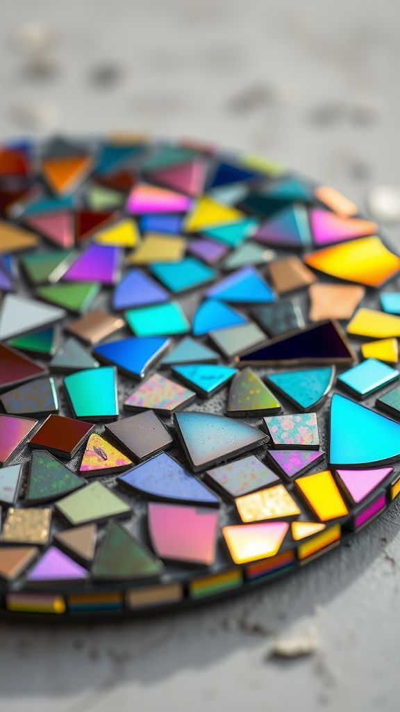 CD mosaic coaster with shimmering, prismatic surface