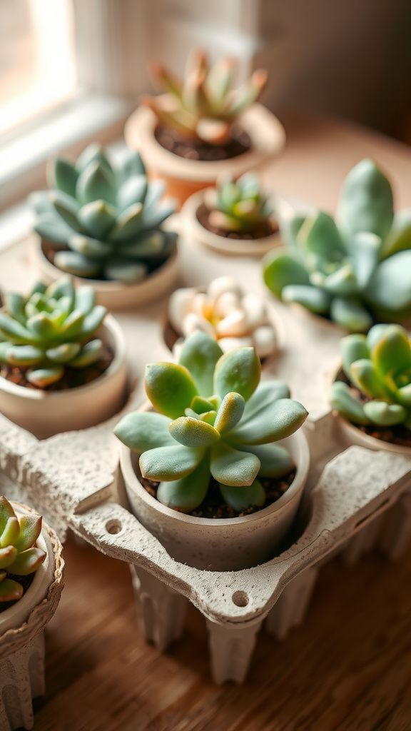 Egg carton succulent display with soft palette