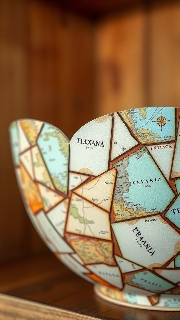 Map-covered bowl with travel memory texture
