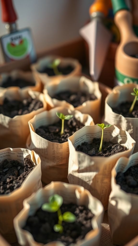 Newspaper seed starting pots with earthy texture