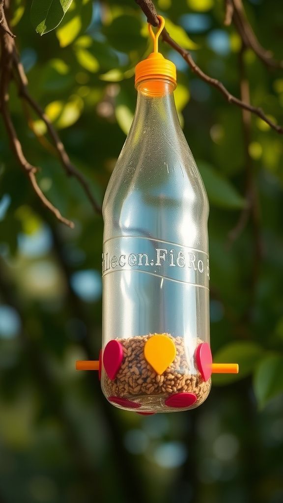 Plastic bottle bird feeder full of color