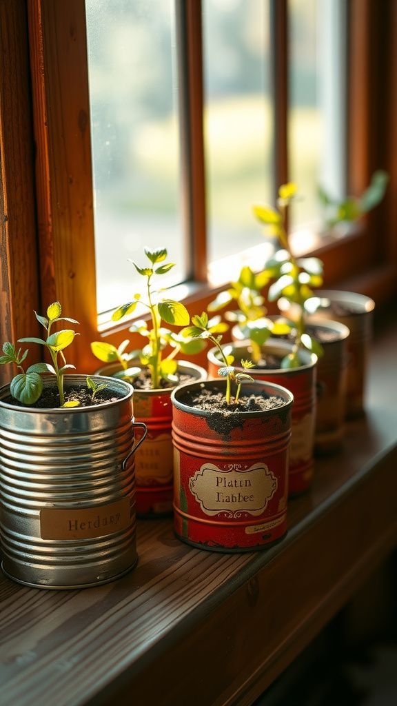 Tin can herb planters with rustic charm