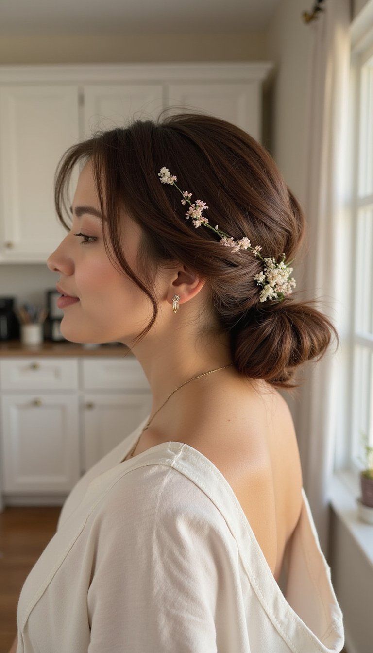 Low Messy Bun With Delicate Floral Pins