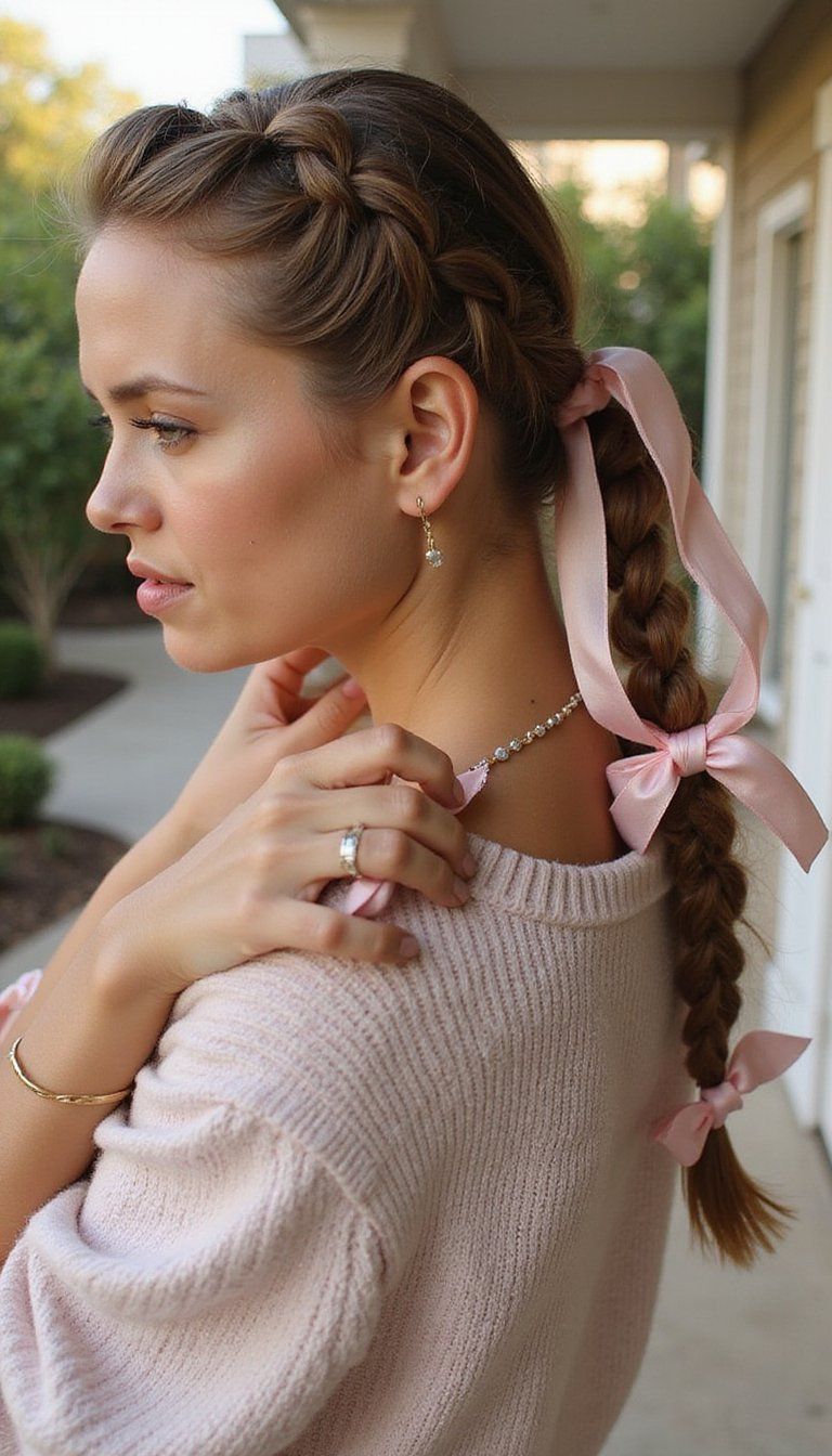 Ribbon-Tied Braided Ponytail For Playful Elegance
