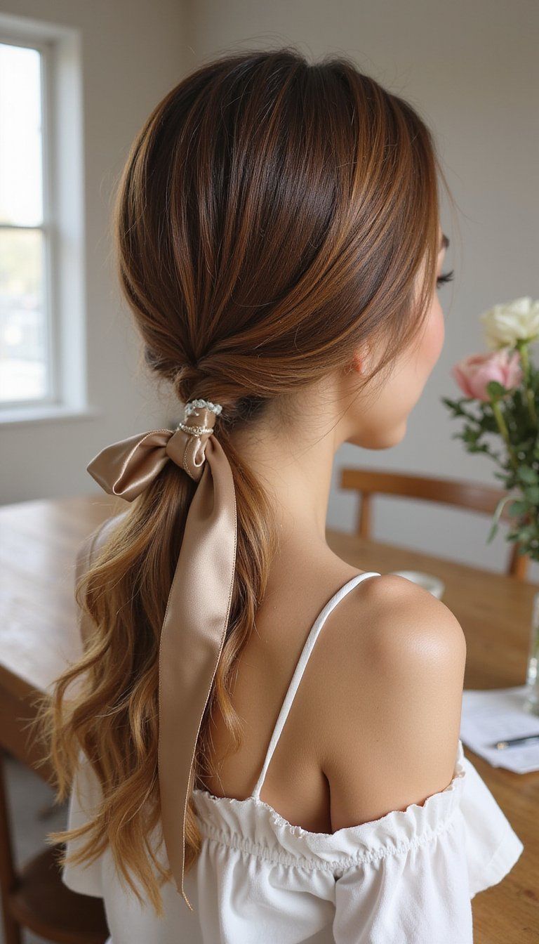 Sleek Low Ponytail With Satin Ribbon Tie