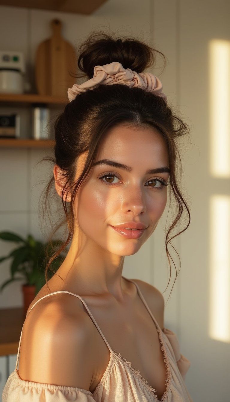 Top Knot With Soft Tendrils For Casual Charm