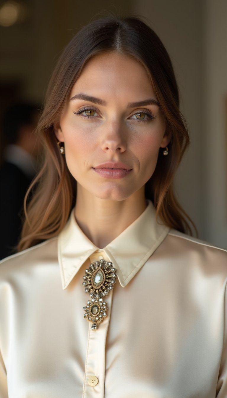 Silk Blouse with Brooch Neck Closure