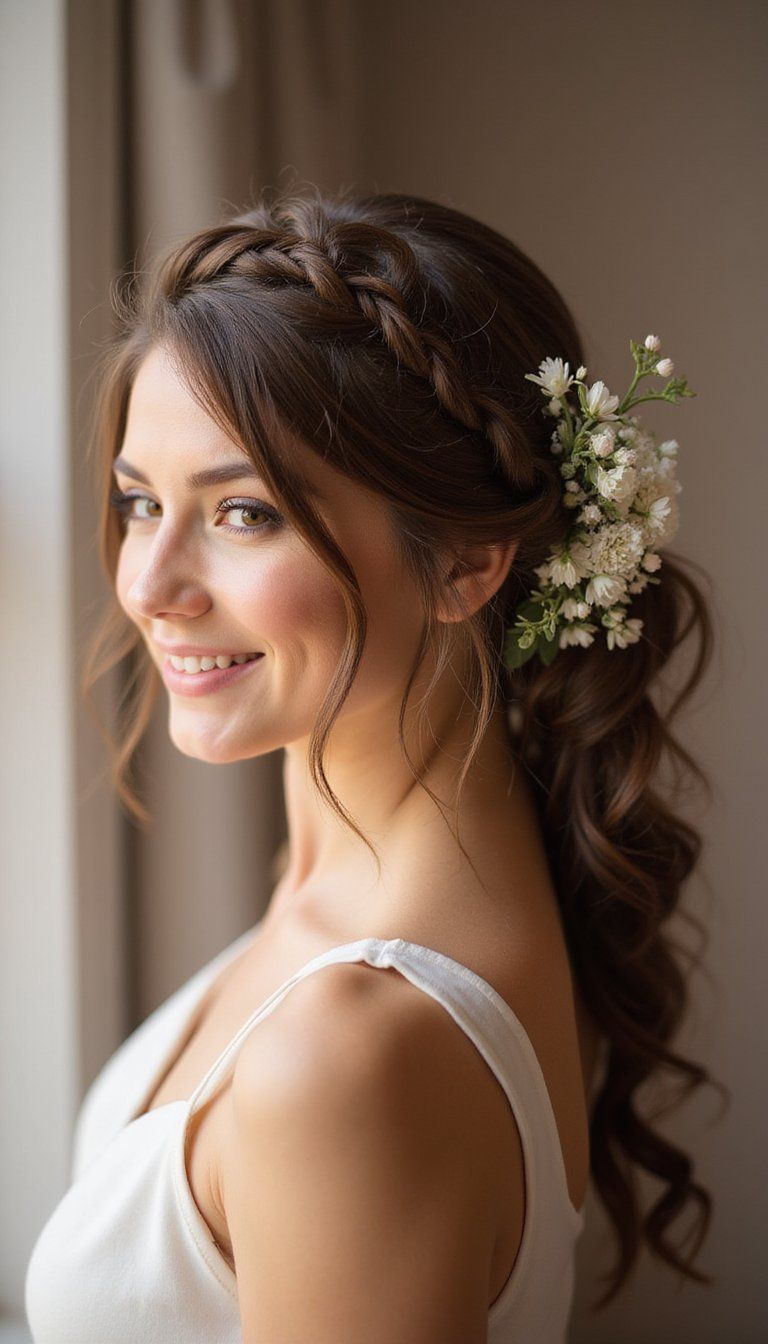 Low Rope Braid With Delicate Floral Pin