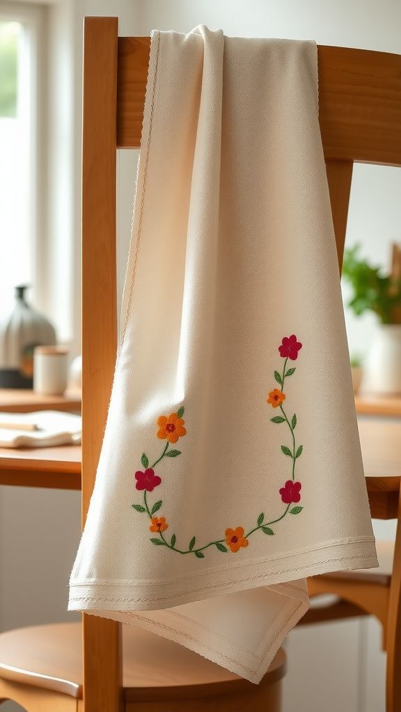 Embroidered tea towel with heartfelt stitchwork