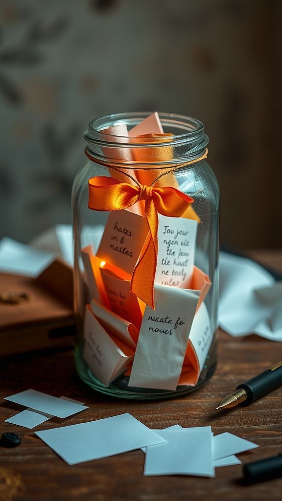 Memory jar filled with tiny handwritten notes